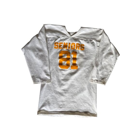 VTG ‘81 Russell Athletic USA Made Single Stitch White Heavy S Seniors LS Jersey - Picture 1 of 10